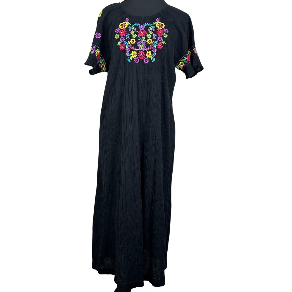 Vintage Go Softly Patio Dress Black Embroidered Floral Maxi Small Boho Cottage